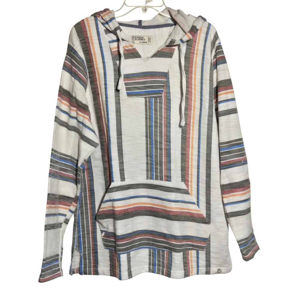 Free Planet‎ striped baja hoodie "drug rug" Mexican-style pullover XL Multicolor